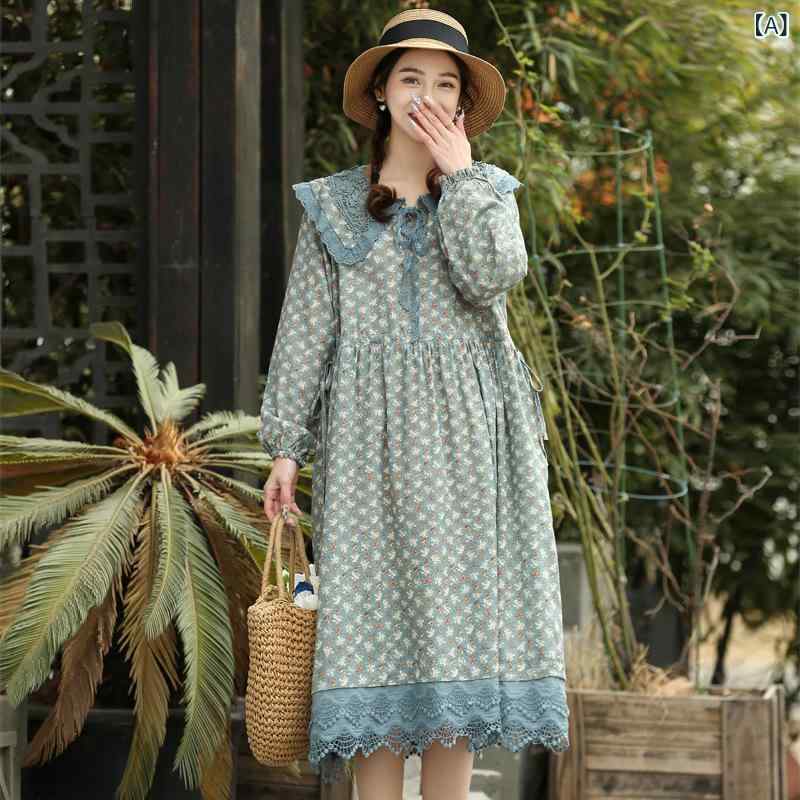 ワンピース レディース 綿麻 Aライン ゆったり 体型カバー 着痩せ効果 ドールカラー 花柄 刺繍 レース ドローストリング 長袖 ミディ丈 カジュアル 春秋