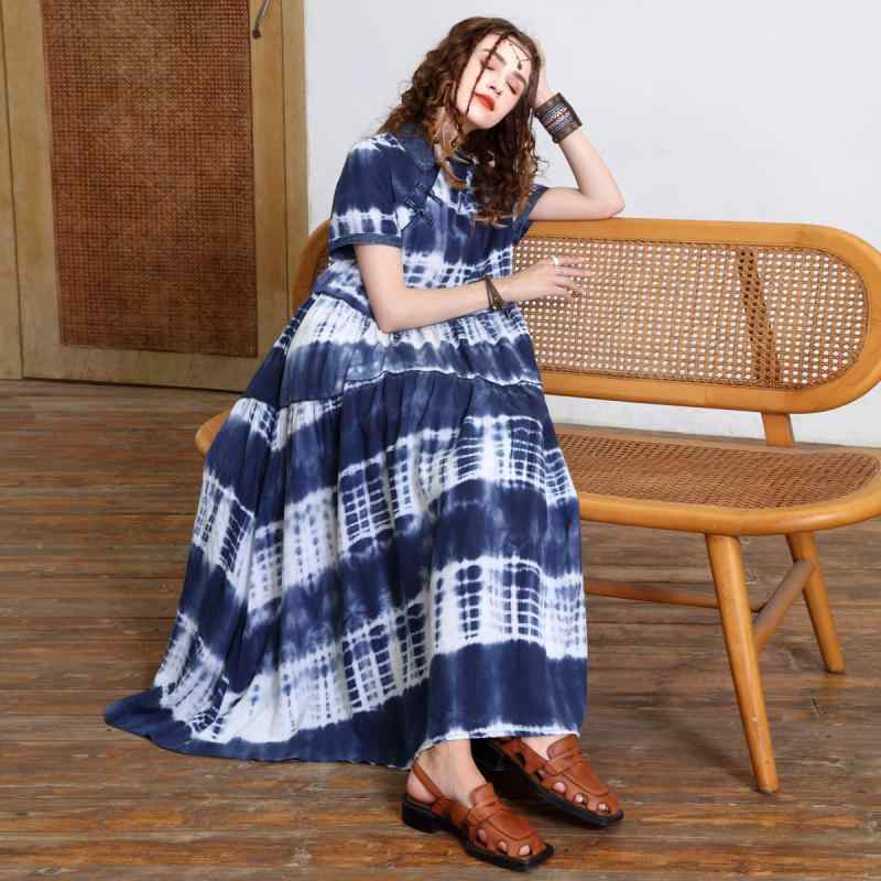 ワンピース レディース ゆったり 大きいサイズ 絞り染め ポロ襟 半袖 改良チャイナドレス チャイナボタン 上品 レトロ ロング マキシ丈 夏 テンセル レーヨン素材
