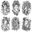 タトゥーシール 水転写 使い捨て リアル フェイクタトゥー 簡単に貼れる 黒色 ブラック アメリカンスタイル 芸者 龍女 般若面 仏手 翼 羽根 ボディペイント...