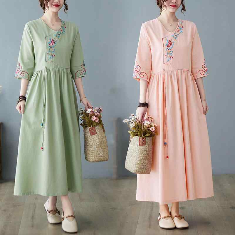 ワンピース レディース Vネック 刺繍 五分袖 綿麻 ウエストマーク レトロ 民族風 無地 春夏 ミディ丈 Aライン(4)