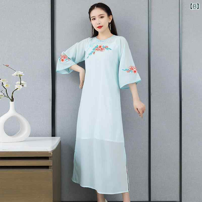 ワンピース レディース 春夏 刺繍 シフォン ポリエステル Aライン ロング丈 五分袖 ラウンドネック ミドルウエスト 中国風 レトロ 古典 禅意 ライトブルー チャイナドレス
