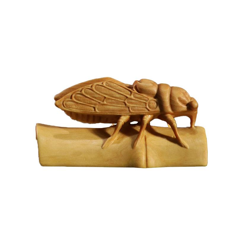 置物 文鎮 黄楊木彫 黄金蝉 竹モチーフ 新中華風 木製 インテリア オブジェ 卓上飾り 書斎 オフィス 和室 飛躍 成功 開運 金運 縁起物