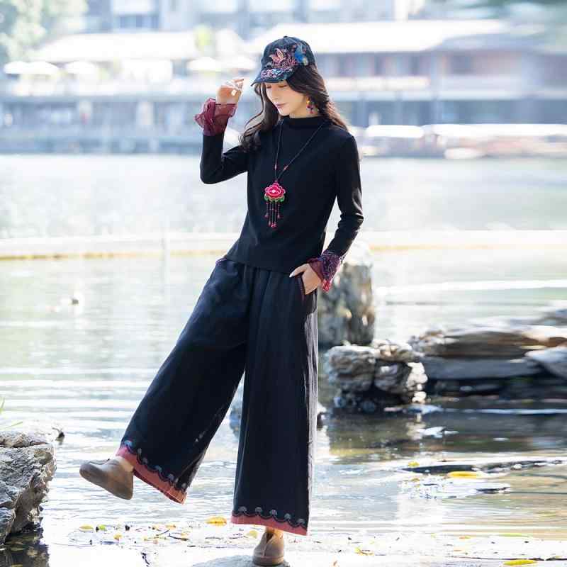 カジュアルパンツ レディース ウエストゴム ハイウエスト チャイナレトロ 刺繡 バイカラー ワイドストレートパンツ 綿麻 ロング丈 フリーサイズ 春夏 ブラック