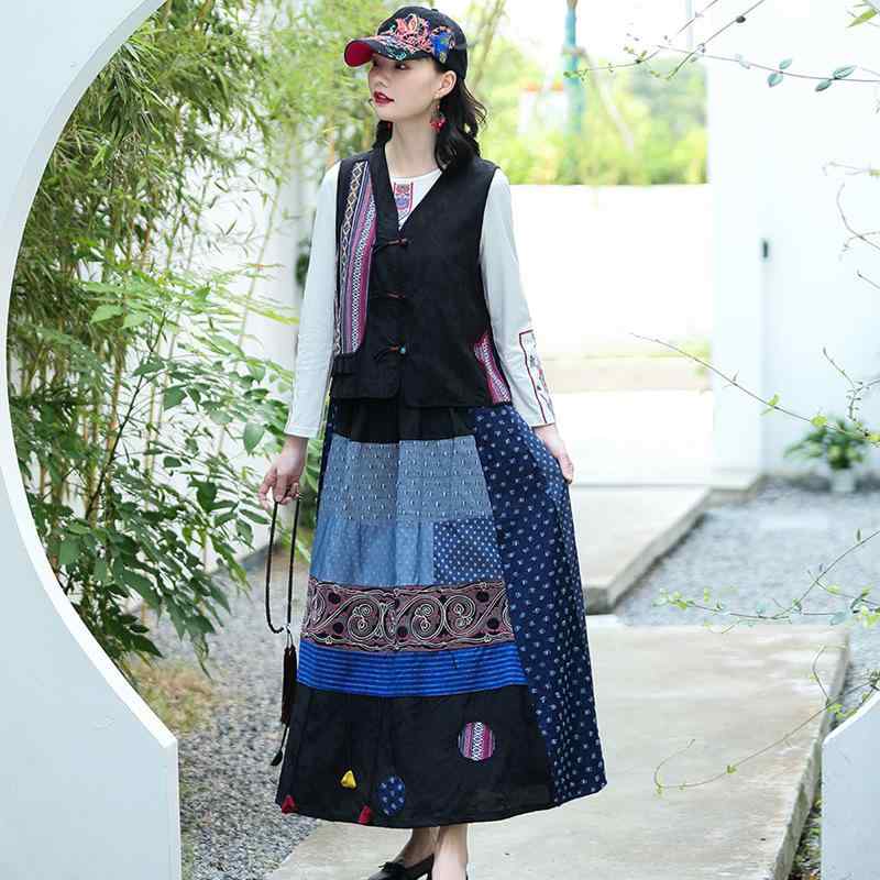 スカート レディース 民族風 エスニック レトロ デニム 綿麻 コットン リネン 刺繡 切り替え パッチワーク ストライプ ウエストゴム ゆったり Aライン ロング丈 マキシ丈 春夏