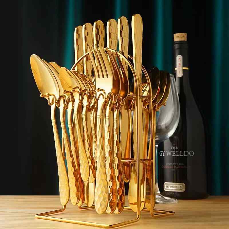 カトラリーセット 410ステンレス製 鏡面仕上げ 水立方デザイン 24点セット 洋食 韓国風 ホテル 業務用 おしゃれなカトラリースタンド ギフトボックス入り ...