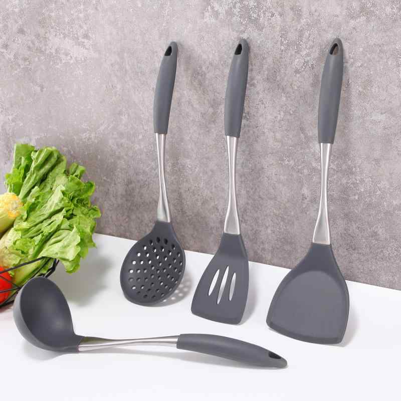 キッチンツール シリコン製 フッ素加工鍋対応 ステンレスハンドル グレー フライ返し ターナー お玉 穴..