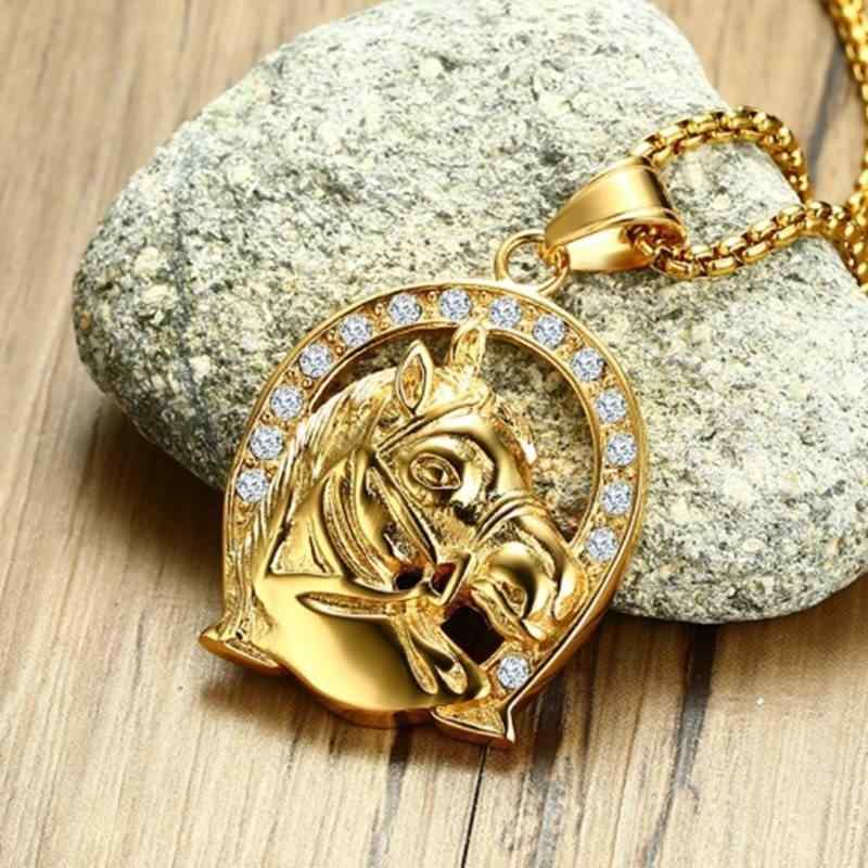 ネックレス ヒップホップ 馬頭 モチーフ ステンレス ペンダント クリスタル装飾 電気メッキ加工 馬術 ..