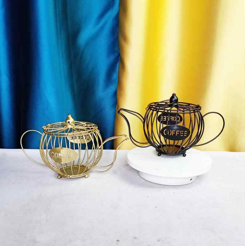 卓上収納 カプセルホルダー コーヒー豆ストッカー ティーポット型 鉄製ワイヤー 幾何学デザイン おしゃ..