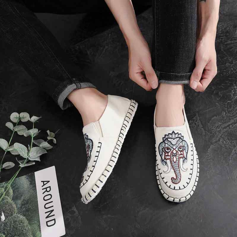 エスパドリーユ メンズ 綿麻 帆布 刺繍 ステッチ 布製ソール ラウンドトゥ ローヒール 浅履き 中国風 ..