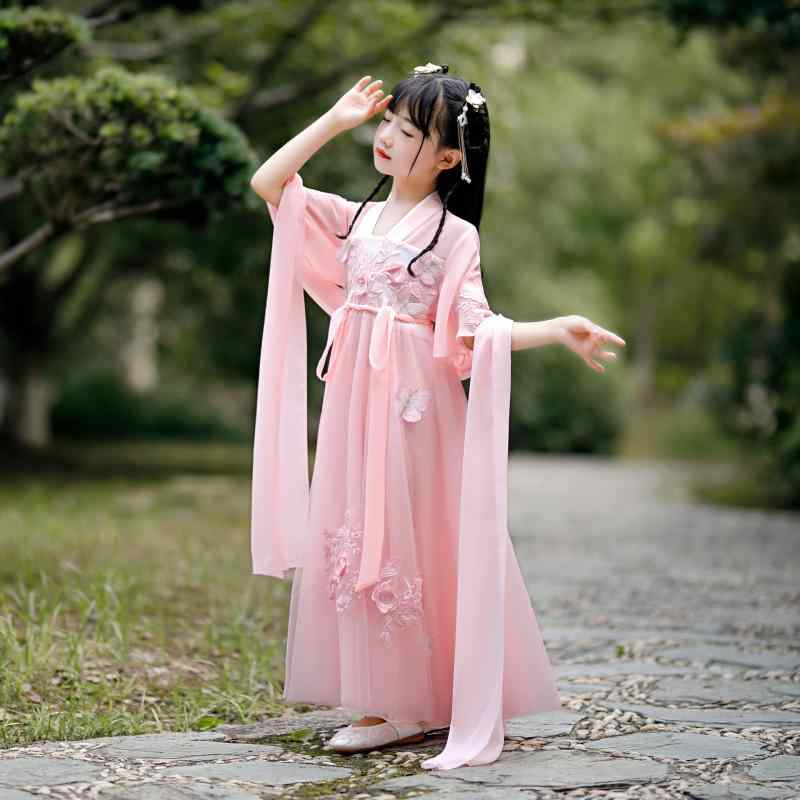 漢服 ワンピース 女の子 キッズ 子供 ベビー 中国風 唐装 齊胸襦裙 レトロ シフォン素材 ポリエステル 小花柄 フラワー 春夏秋 ピンク 民族衣装 発表会 撮影用 かわいい おしゃれ