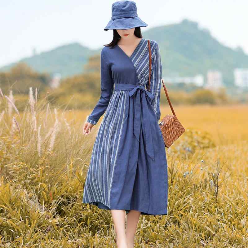 ワンピース レディース 長袖 リネン 綿麻 切り替え ストライプ Vネック ハイウエスト ウエストリボン ゆったり フレア ロング丈 大人カジュアル ナチュラル かわいい ネイビー 早秋