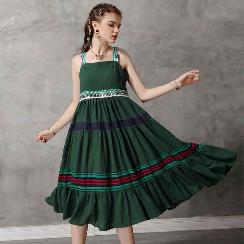 ワンピース レディース コットン 配色 切り替え Aライン フレア ミディ丈 キャミソールワンピース プルオーバー レトロ カジュアル 春夏