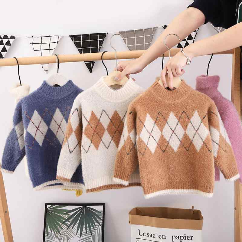 キッズ セーター 子供服 男女兼用 裏起毛 厚手 防寒 保温 あったか ミンクタッチ やわらか クルーネック 長袖 菱形柄 アーガイル 太めニット 着回し 韓国...