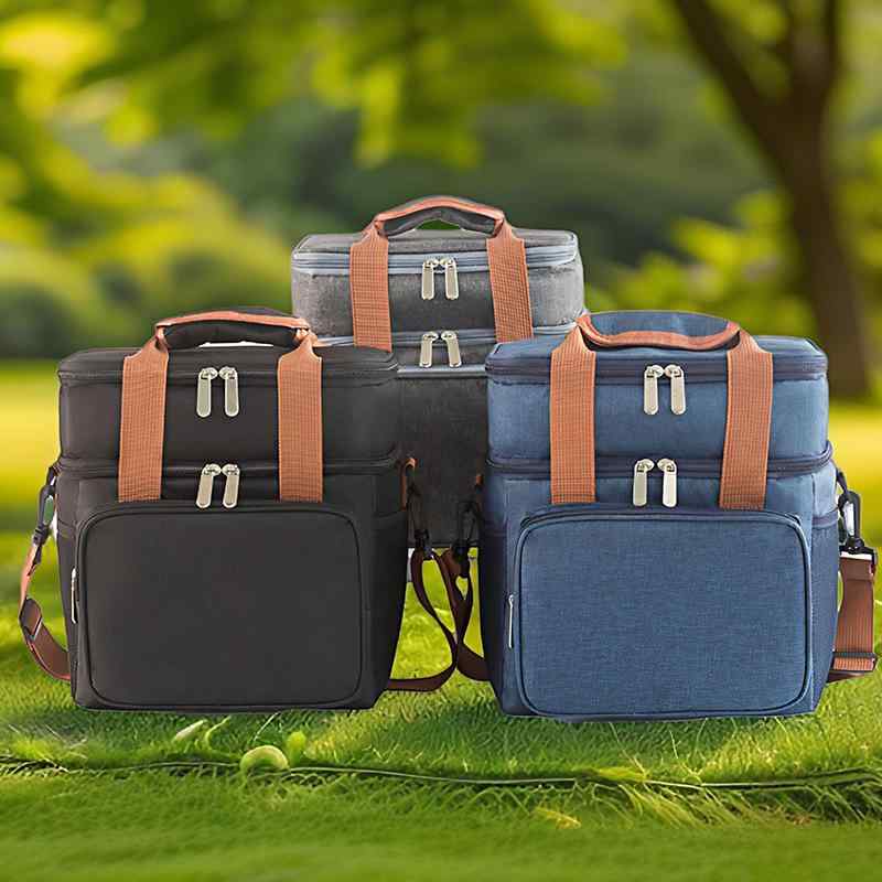 ランチバッグ ダブルファスナー 二層式 大容量 防水 撥水 保温保冷機能付き ショルダー 斜め掛け クーラーボックス ピクニック 弁当 アウトドア オックスフォード素材 ブラック グレー ネイビー