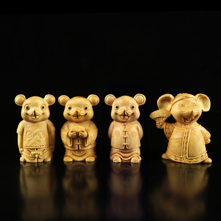 置物 黄楊木 彫刻 木彫り ネズミ 金運 開運招福 縁起物 商売繁盛 中国風 インテリア オブジェ 卓上飾り 木製 手持ち飾り