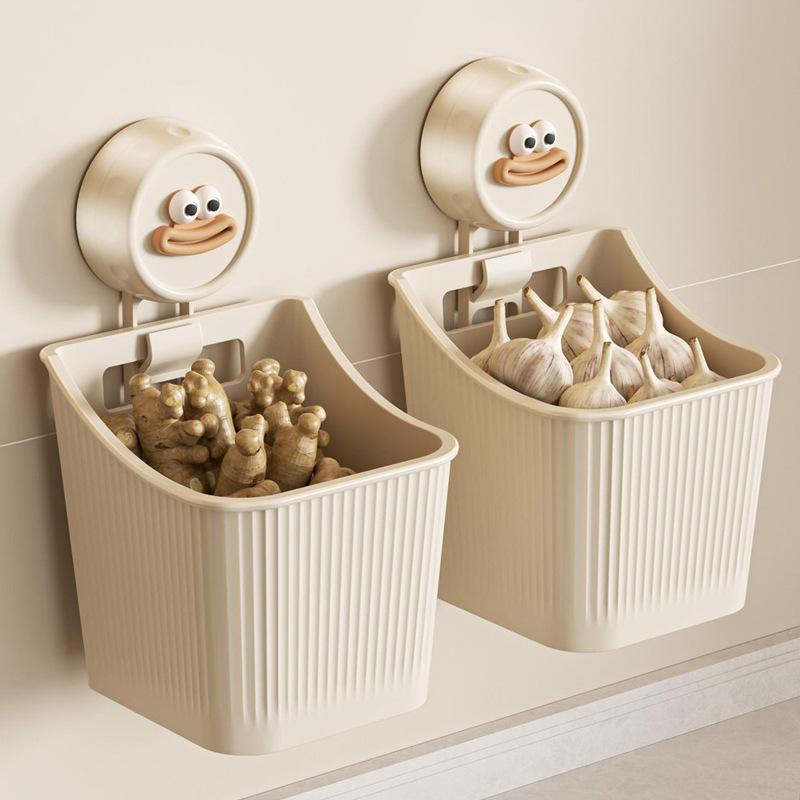 キッチン収納 吸盤式 壁掛け ラック 穴開け不要 賃貸OK 薬味入れ ショウガ ニンニク ネギ 収納ケース ..