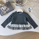 カットソー インナーシャツ キッズ 女の子 ガールズ 長袖 レース フリル チェック柄 韓国ファッション かわいい おしゃれ やわらか素材 綿混 春夏 通園 通学 カジュアル 丸首 3歳 4歳 5歳 6歳 7歳 8歳 快適 トップス|詳細画像