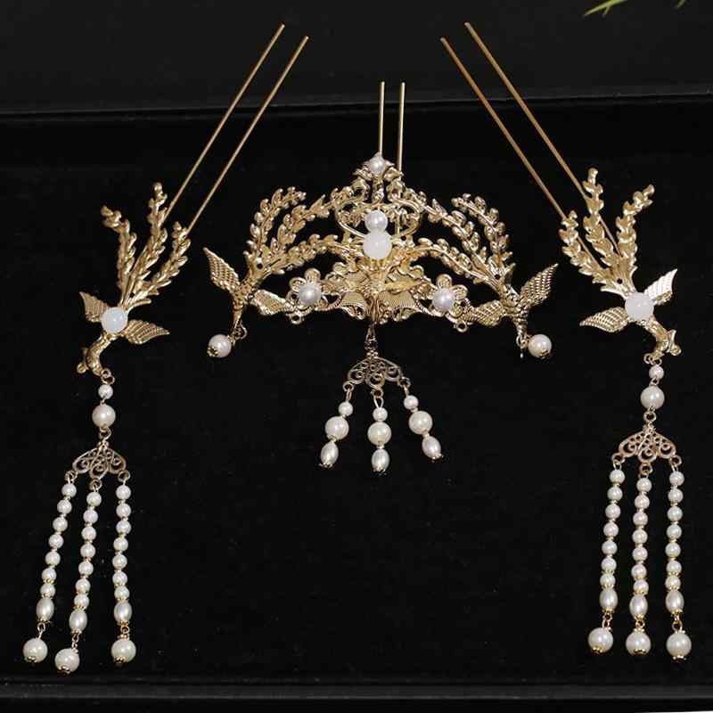 ヘアアクセサリー レディース 女性用 中華風 古風 かわいい 揺れる 鳳凰モチーフ 流蘇 かんざし 歩揺 ヘアクラウン 手作り 3点セット 金属製 着物 浴衣