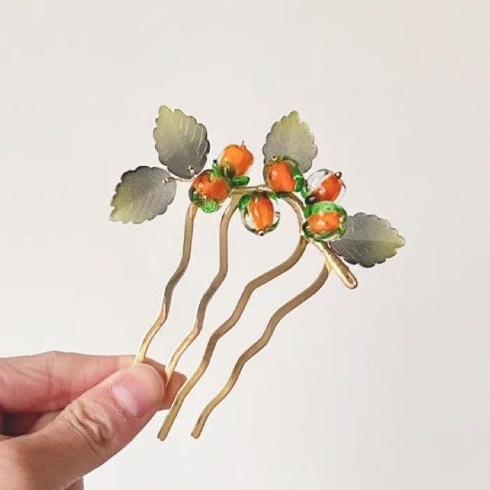 ヘアアクセサリー キッズ 女の子 レディース 柿モチーフ 縁起物 幸運 シンプル 挿し櫛 ヘアコーム ヘア..