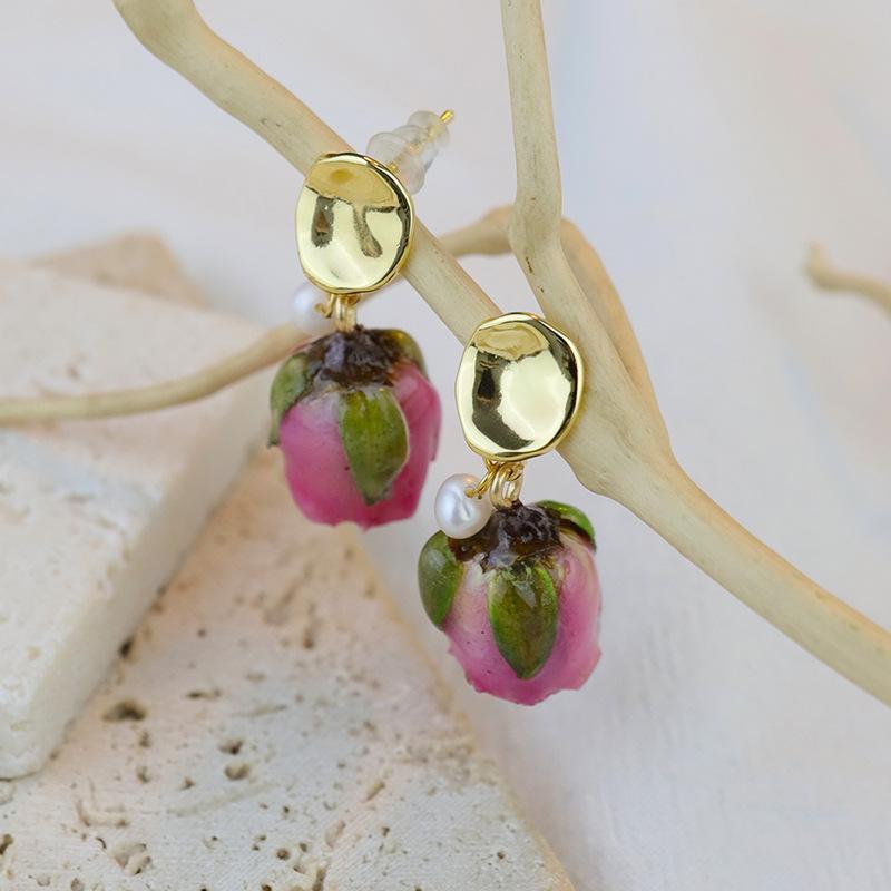 ピアス レディース 手作り レジン リアルローズ プリザーブドフラワー パール 電気メッキ加工 個性的 ..
