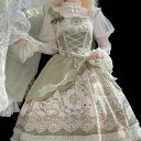 ジャンパースカート ロリータ クラシカルスタイル Aライン スクエアネック フリル袖 切り替え 小花柄 ロング丈 グリーン ポリエステル ティーカップラビット 甘め 春夏