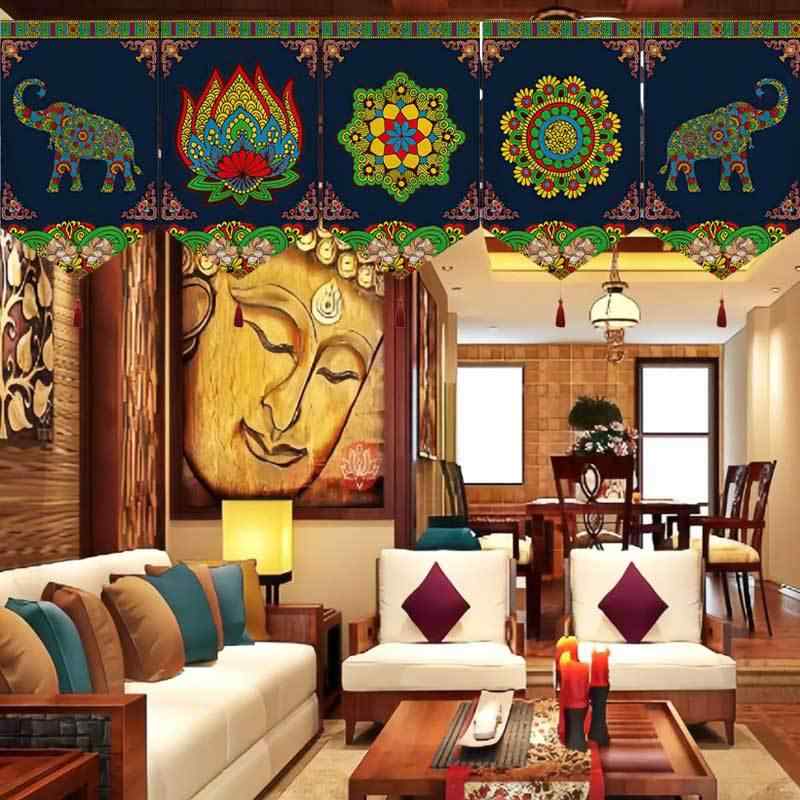 カフェカーテン 穴あけ不要 突っ張り棒対応 厚手 遮光 日よけ マジックテープ式 アジアン エスニック 民族柄 チベット風 三角フラッグデザイン 間仕切り 目隠し リビング キッチン 玄関 窓用 コットンリネン