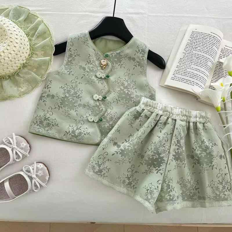 セットアップ キッズ 女の子 夏用 薄手 ノースリーブ かわいい おしゃれ 中国風 モダンチャイナ風 花柄 ベスト トップス ショートパンツ ポリエステル 2点セット