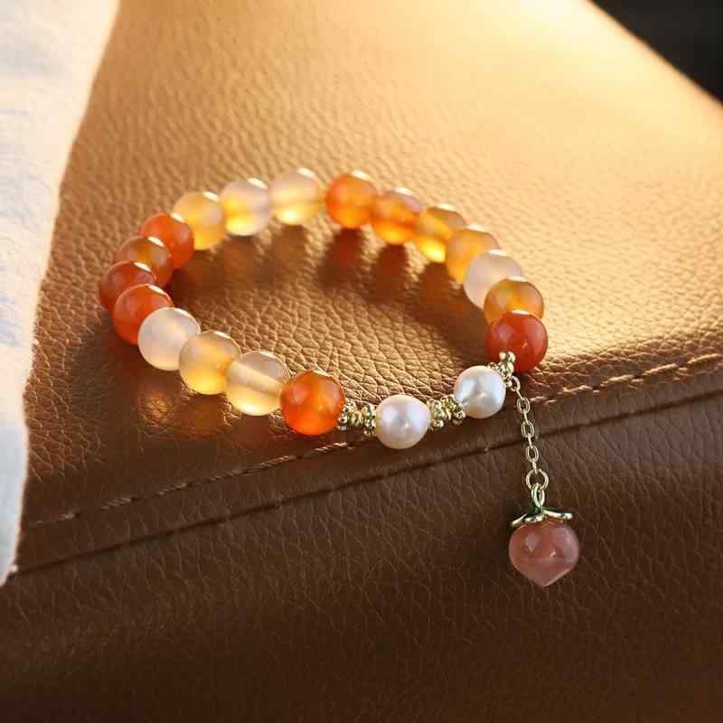 ブレスレット レディース 天然石 パワーストーン 開運 黄瑪瑙 黄桃チャーム 天然パール ハンドメイド おしゃれ 上品 高級感 中国風 普段使い ギフト 贈り物