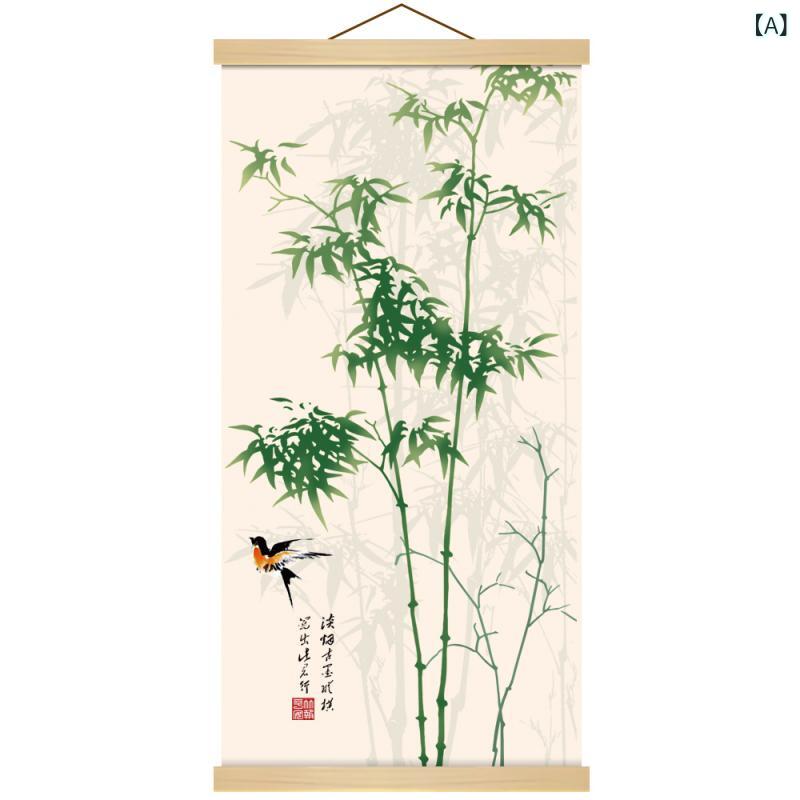 掛け軸 新中式スタイル 開運 吉祥竹 平安 石竹画 縦長 絹布製 高精細プリント リビング 書斎 玄関 和室..