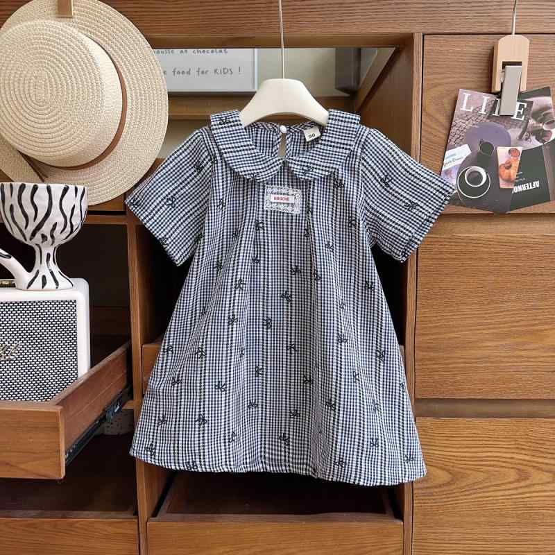 ワンピース 女の子 キッズ 韓国ファッション 丸襟 チェック柄 プリント 半袖 Aライン 夏物 ポリエステ..