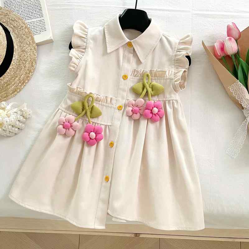 ワンピース 女の子 キッズ 綿混 コットン シャツワンピース 夏服 韓国風 ひまわり柄 レース プリンセススタイル お出かけ 発表会 誕生日 パーティー