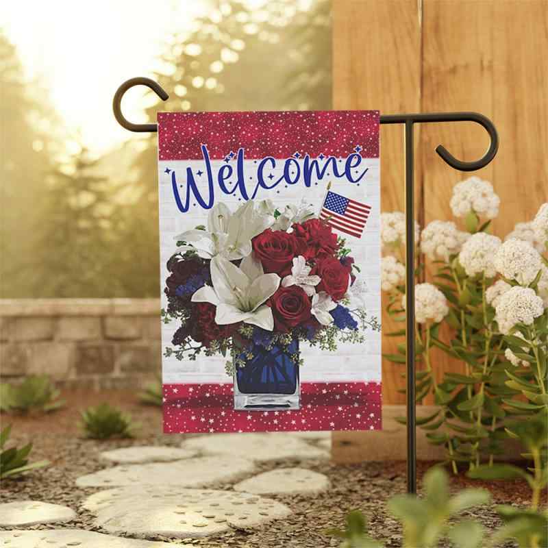 ガーデンフラッグ アメリカ ウェルカム 花柄プリント ポリエステル製 ポンジ生地 庭 庭園 屋外 イベン..