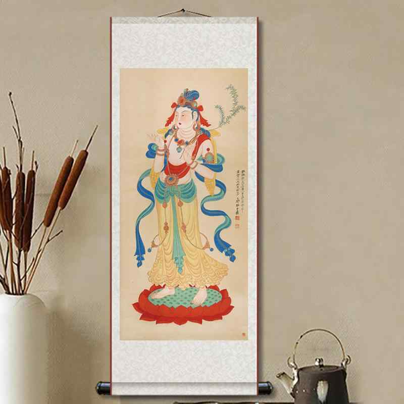 掛け軸 莫高窟 観音菩薩 仏像画 中国画 高精細アートプリント 手作業表装 新中式スタイル モダン中華 ..