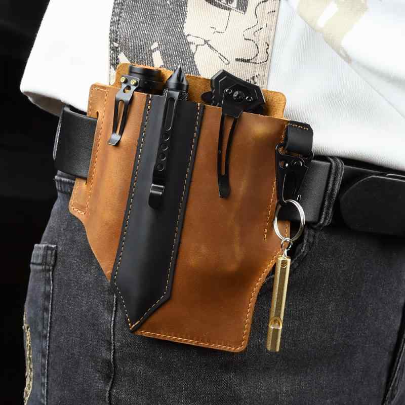 ウエストバッグ メンズ 本革 牛革 EDC タクティカル 鞄 ベルト通し 懐中電灯 タクティカルペン 収納 ツ..