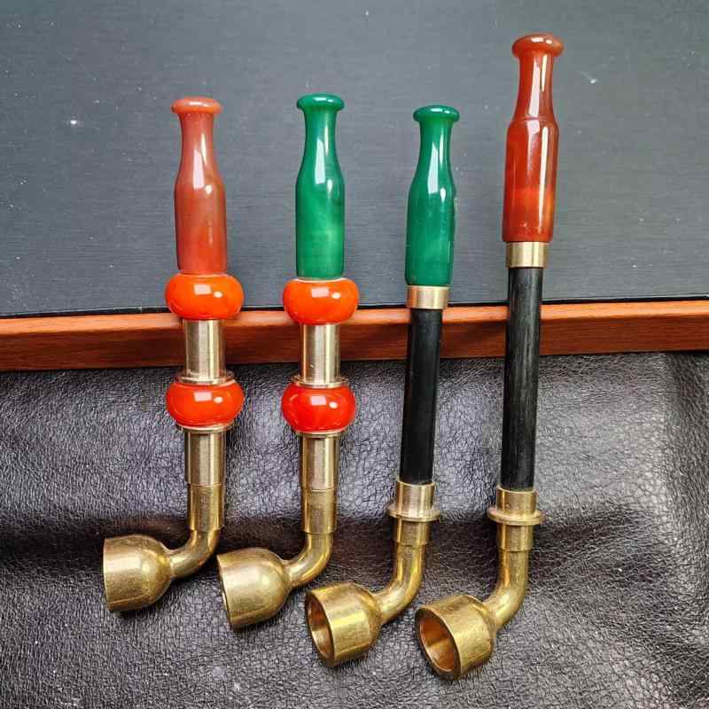 喫煙具 レトロ 伝統 手作り ヴィンテージ風 真鍮製 瑪瑙 メノウ装飾 中国風 煙管 キセル パイプ 喫煙パ..