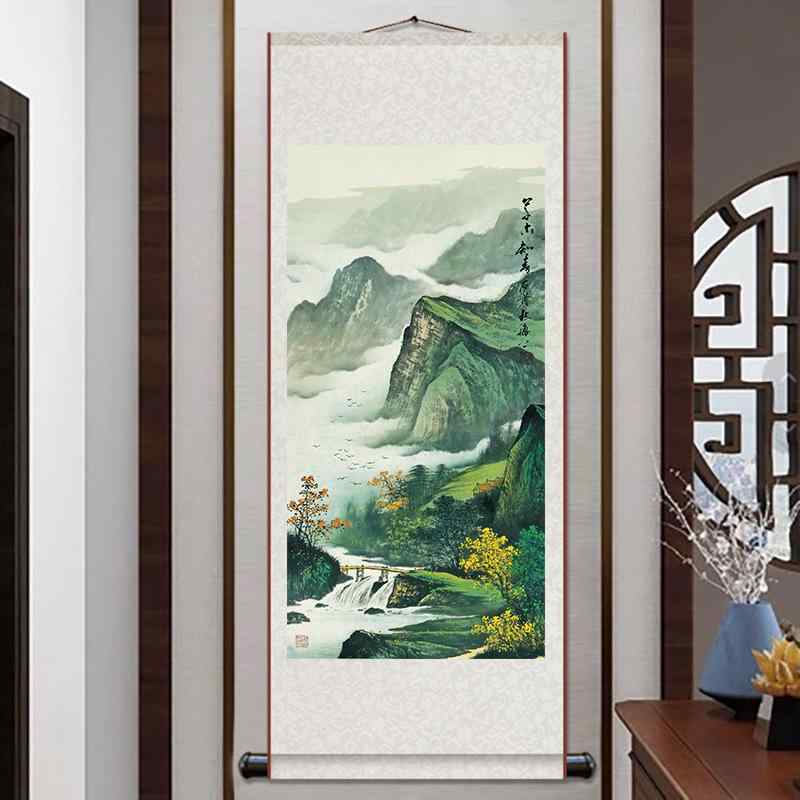 掛け軸 高精細プリント 新中式スタイル 山水画 中国画 シルク 絹製 巻物仕立て 軸装 玄関 リビング 書..