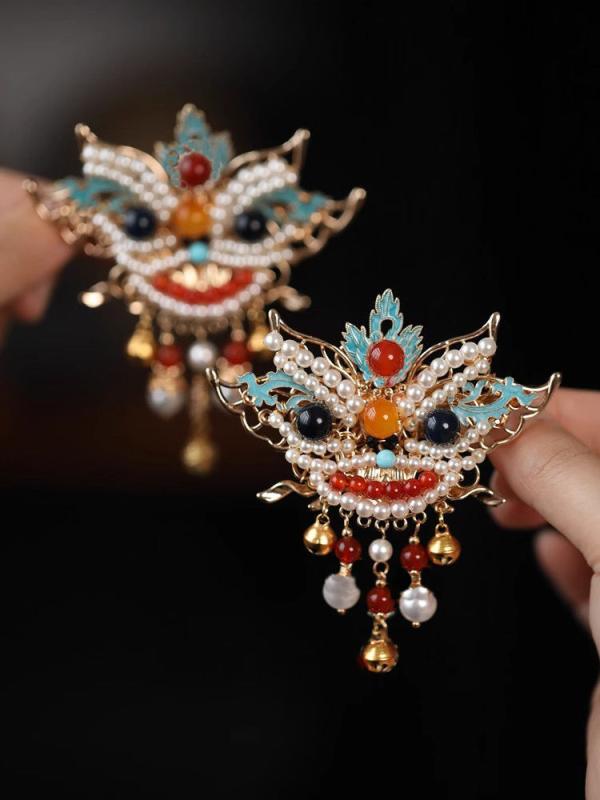 楽天モズラボヘアクリップ 女の子 中国風 獅子舞モチーフ 宮廷風 合金製 スパンコール 漢服 馬面スカート 和装 サイドクリップ 髪留め ペアセット