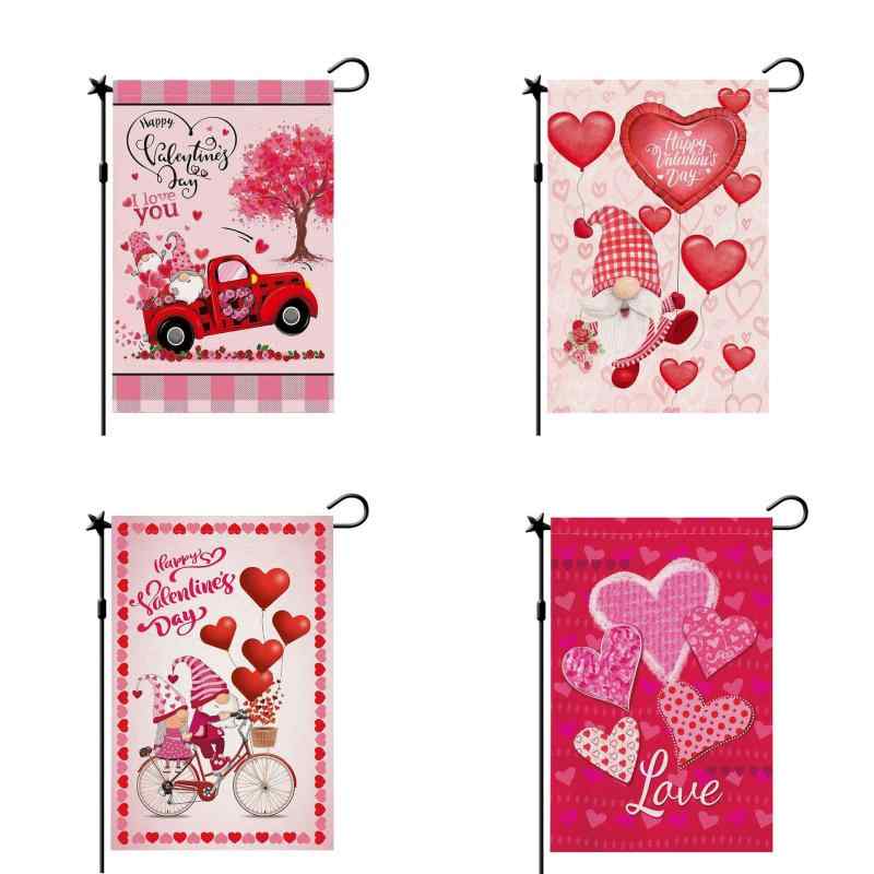 ガーデンフラッグ 両面プリント ハート柄 バレンタインデー パーティー 屋外装飾 麻 リネン 季節 イベント 飾り付け おしゃれ(x2)