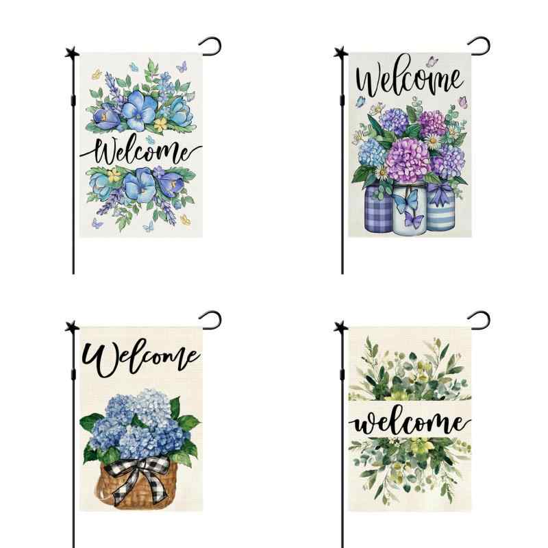 ガーデンフラッグ 屋外用 両面プリント リネン調 フェイク麻 春 花柄 フラワー 花瓶モチーフ 庭園装飾 ベランダ エントランス ウェルカム 季節の彩り(x2)