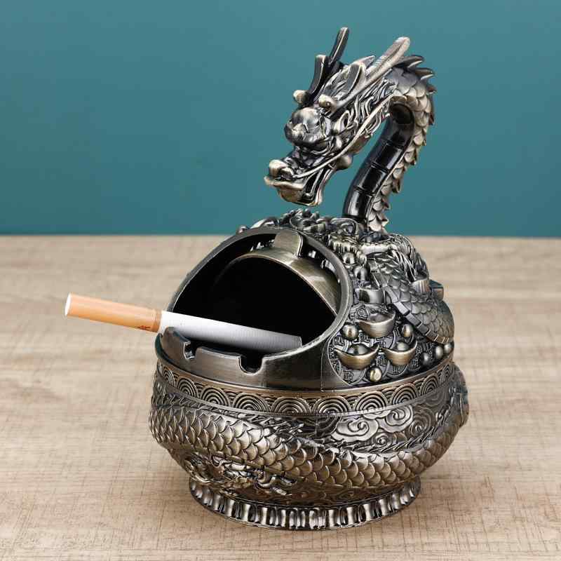 灰皿 蓋付き 灰飛び防止 アルミ合金製 高級感 レトロ アンティーク調 龍モチーフ 蛇モチーフ 家庭用 リビング オフィス 置物 オブジェ インテリア