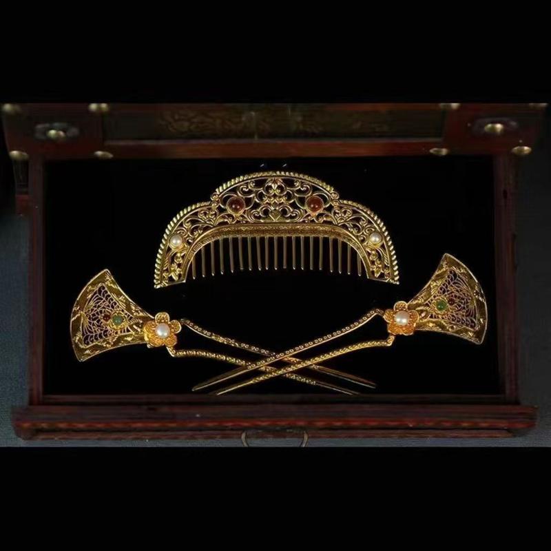 髪飾り レディース 純銅 金メッキ 唐風 宮廷 レトロ アンティーク 櫛 かんざし 簪 ヘアコーム 髪留め 唐朝 仕女図 花モチーフ 繊細 和装 漢服 着物 浴...