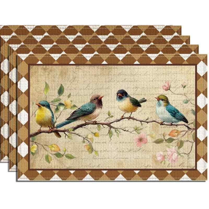 ランチョンマット 春の鳥 木 花枝柄 ポリエステル製 お手入れ簡単 速乾 撥水加工 自然モチーフ 季節限定 アメリカンスタイル ダイニング リビング 室内装飾 30x45cm(x4)