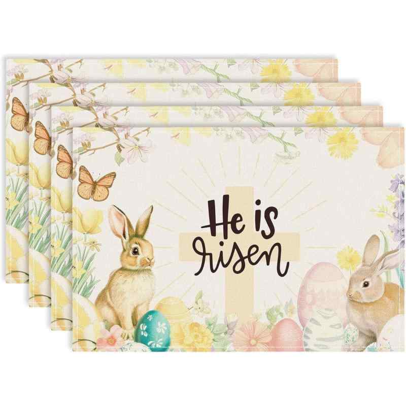 ランチョンマット イースター うさぎ 花 蝶々柄 春夏 ポリエステル素材 洗える おしゃれな プレイスマット 食卓 テーブル ダイニング キッチン インテリア デコレーション パーティー 祝日 飾り(x4)