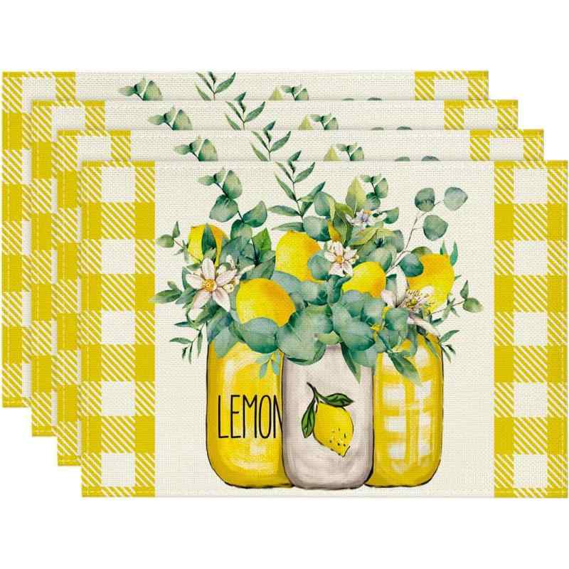 ランチョンマット 季節限定 夏用 レモン ユーカリ 花瓶柄 ポリエステル製 アメリカンスタイル パーティー キッチン ダイニング リビング 業務用 30x45cm(x4)