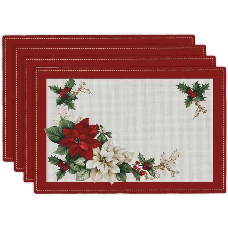 ランチョンマット レッド ホワイト 花柄 季節限定 ホリデー パーティー キッチン ダイニング 食卓用 丈夫なポリエステル素材 丸洗い可能 拭ける おしゃれ モダン 北欧風 プレイスマット(x4)