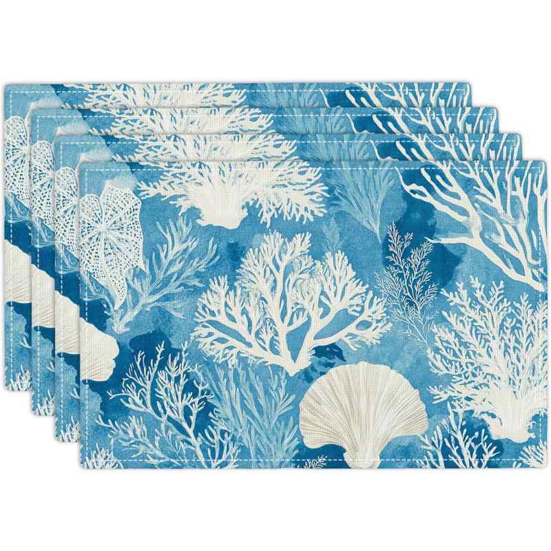 ランチョンマット オーシャンブルー サンゴ海岸風 パーティー ダイニング レストラン 食卓マット 季節 ホリデー ポリエステル100% アメリカン おしゃれ リビング 書斎 商業施設 30x45cm 1枚(x4)