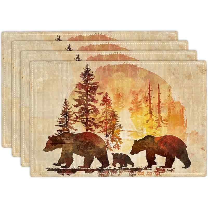 ランチョンマット 洗える ポリエステル素材 レトロ ベア 森の日の出柄 ホリデー シーズン イベント用 パーティー ダイニング 食卓 キッチン 店舗 アメリカン スタイル おしゃれ 30x45cm(x4)