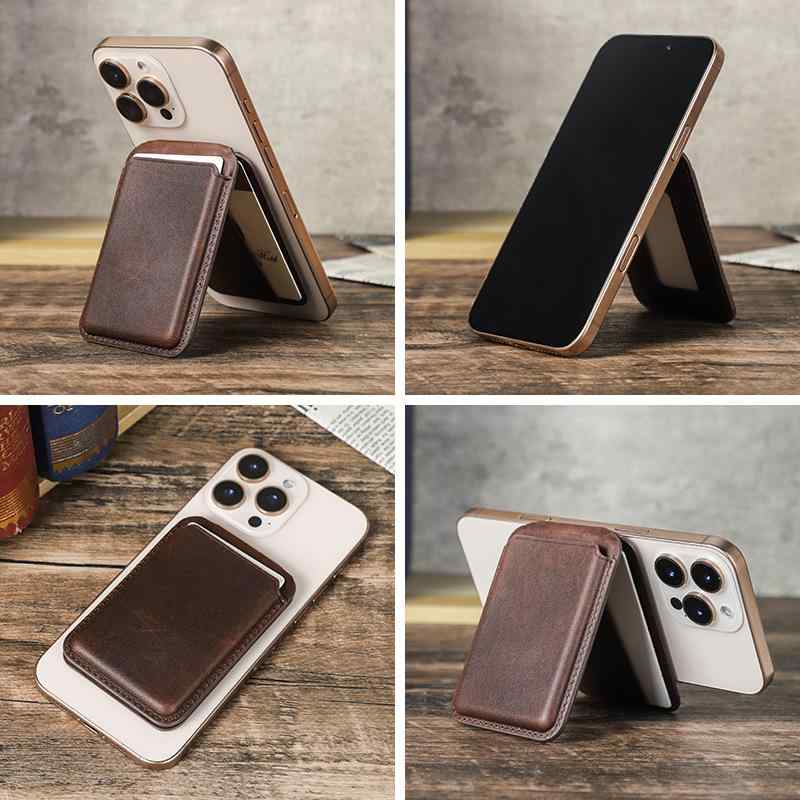 スマホアクセサリー iPhone MagSafe対応 本革 レザー 磁気吸着 カードケース マグネット式 カード収納 スタンド機能 多機能 手作り ブラウン