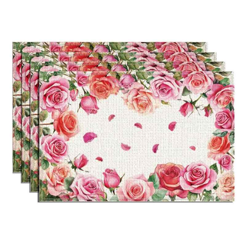 ランチョンマット ピンク ロマンチック バラ柄 ポリエステル製 洗える オールシーズン 普段使い パーティー キッチン ダイニング レストラン 30x45cm(x4)