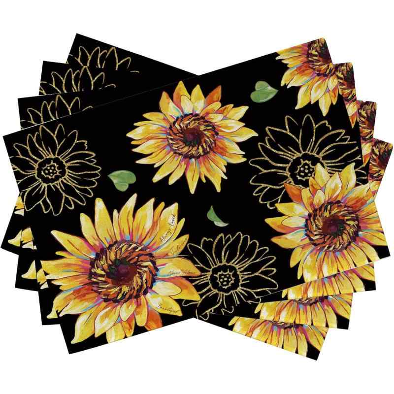 ランチョンマット リネン風 ポリエステル プリント ひまわり柄 季節柄 モダン シンプル ダイニング 食卓 キッチン デコレーション プレースマット 洗える 30×45cm(x4)